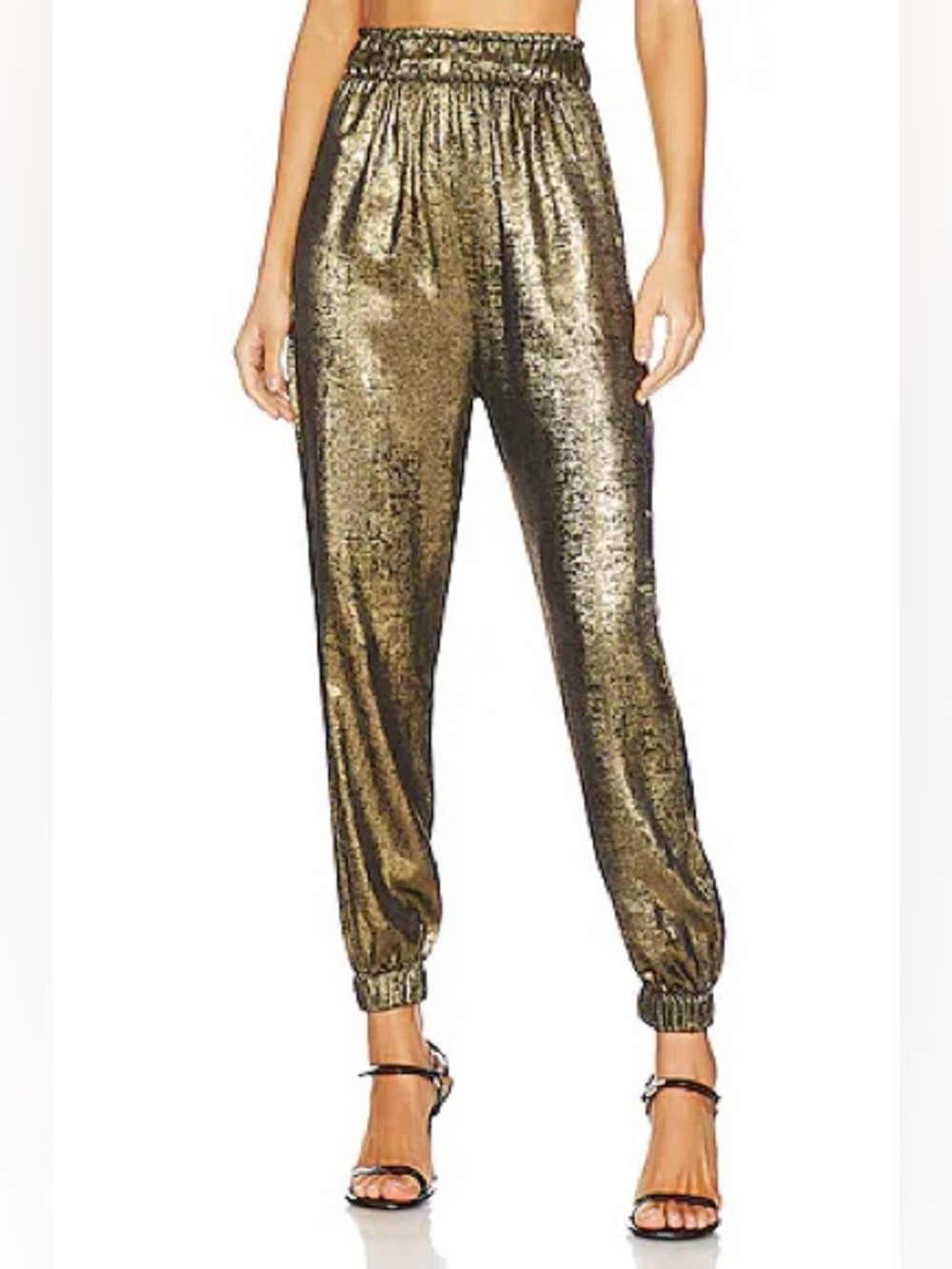NONCHALANT Pandora Metallic Gold Jogger Pants Shiny High-Waist Trousers (124)